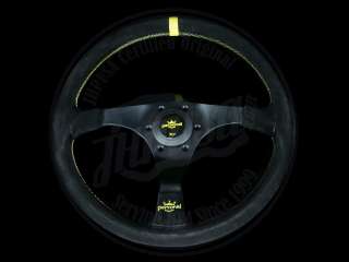 The Personal Trophy steering wheel has a black suede hand grip, yellow 