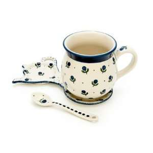  Polish Pottery Blueberry Mug & Saucer Gift Set: Kitchen 