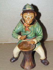 Monkey Playing Drum Tin Glazed pottery, Ca.1890 signed  