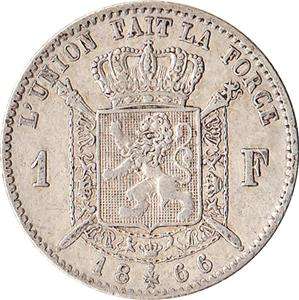 1866 Belgium 1 Franc Silver Coin Leopold II KM#28.1  