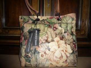   leather vintage cream painted flower purse tote bag Saks$400  