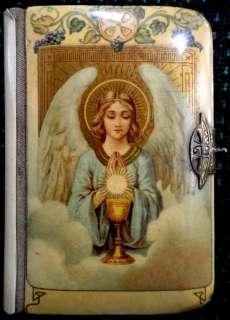 1923 antique CELLULOID CATHOLIC CHILD PRAYER BOOK angel  
