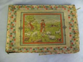   Boxed Antique toy Sheep Herder,11 Sheep, black dog c Christmas  