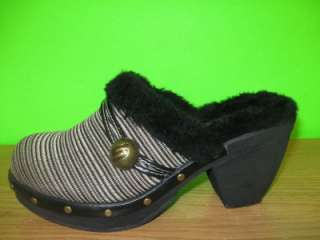 New SKECHERS Black Fuzzy Winter Heels CLOGS Mules Shoes Slip Ons 