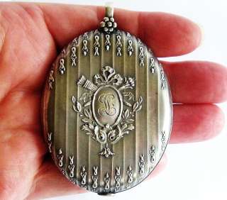 ANTIQUE HUGE FRENCH SILVER EMBOSSED SLIDE MIRROR LOCKET FOR CHATELAINE 