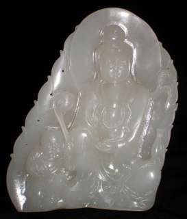 Chinese Hetian Jade Carving Kwan Yin & Kid Statue  