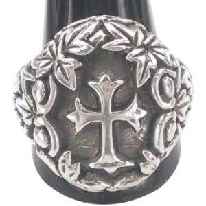  Maltese Cross Engraving Leafs Nature Pewter Ring, Size 9 