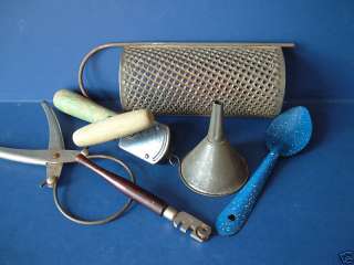 Lot 6 Vintage Kitchen Tools Gadget Tin Funnel Crimper +  