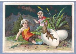 0311* VTG EASTER VICTORIAN CARD SURPRISED CHILDREN RABBIT COMING OUT 