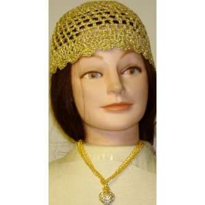 Hand Crocheted Gold Metallic Gimp Skull Cap Offered in Combination 