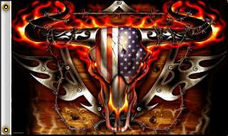 Flaming Bull Horns Skull Flag 3x5 Banner n  