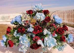 Tombstone Saddles Burial Flowers Blue Roses Grave Cemetery Burgundy 