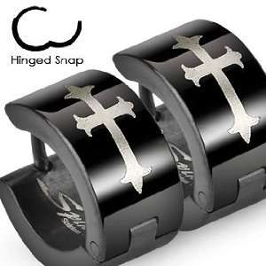   Steel Black Hinged Wide Hoop Earring with Gothic Medieval Cross Print