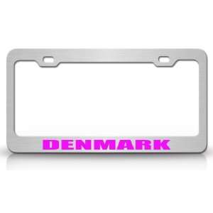 DENMARK Country Steel Auto License Plate Frame Tag Holder, Chrome/Pink