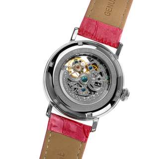 Jeanneret Ladies Skeleton Automatic Watch/ Hot Pink Leather Strap/