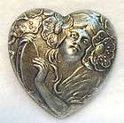 Silver Plate Button Beautiful Art Nouveau Woman w/ Peony Flowers 