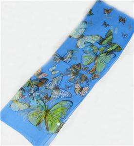 100% Oblong Silk Scarf Art Painting Butterfly Cool blue  