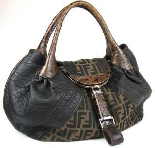 Authentic FENDI Zucca Canvas & Softened Leather Turtle Spy Bag Hobo 