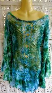 Vintage BOHO FLOWER Tie Dye Sheer BELL Sleeve RARE Vtg CROCHET Lace 