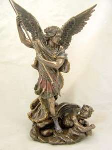 Bronze Saint St. Michael Slaying Demon Religious Statue  