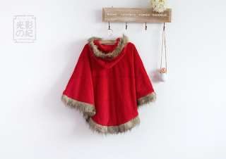 Vintage Little Red Riding Hood Fur Plush Wool Cape Poncho Cloak Coat 