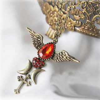 Fashion Red Rhinestone Heart Wings Cross Moon Necklace Pendant Chain 
