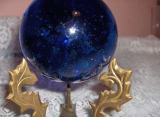 Cobalt Blue Gazing Crystal Ball Art Glass Paperweight Bubbles Stand 