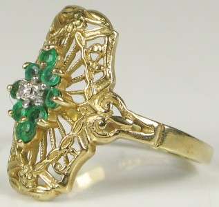 Hi End Estate 10k Yellow Gold Genuine Emerald & Diamond Ring Size 6 