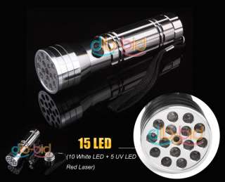 10 White LED + 5 UV LED Red Laser Pointer Flashlight Li  