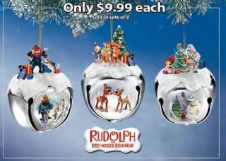   Red Nosed Reindeer sleigh bell ornaments from Ashton Drake feature