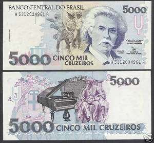232b Brazil 5,000 Cruzeiros, 1992, Carlos Gomes.  