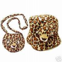 Cutie Leopard Animal Plush Girls Kids Hat + Purse Set  