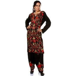 Black Two Piece Kashmiri Salwar Kameez with Floral Embroidery by Hand 