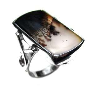  Dendritic Agate and Sterling Silver Rectangular Ring Size 