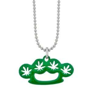  Green Brass Knuckles with Pot Leaf Cut Out with Ball Chain 