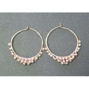   Earrings Hammered Hoops with Rose Colored Freshwater Pearls: Jewelry