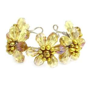 Flower Cuff Bracelet; 1.5L; Bendable Cuff; Champagne Gemstone Beads 