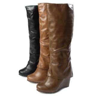 Fold Over Cuff Womens LIGHT BROWN Knee High Wedge Boots  