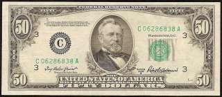 CU 1950 B $50 DOLLAR BILL PHILADELPHIA FEDERAL RESERVE GREEN SEAL NOTE 