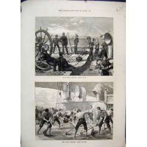 1873 Life Troop Ship Heaving Log Washing Decks Print