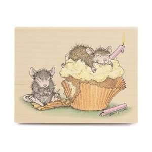  House Mouse Mounted Rubber Stamp 3X4   Birthday Cupcake 