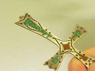 HAND CRAFTED STERLING SILVER INLAY CORAL TURQUOISE CROSS VINTAGE 
