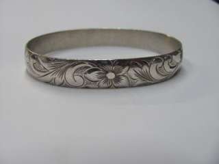   Heirloom Sterling Silver Plumeria Maile 10mm Bangle Sz 7.5  