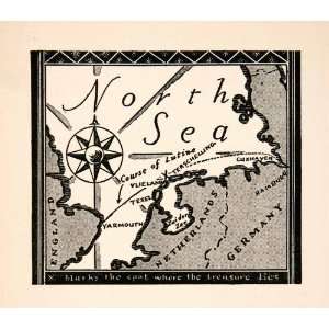  1930 Lithograph Lutine Treasure Map Pirate North Sea 