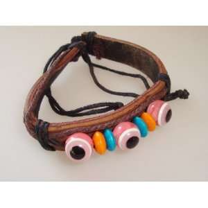  Leather Strap Bracelet with Luckey Evil Eye and Wood Beads 