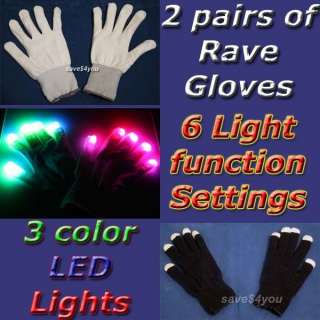 Pairs (BLK+WHT) Multi Color 6 function LED Rave Glove  