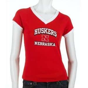   Nebraska Corn Huskers Ladies Knit V Neck Ringer Tee: Sports & Outdoors