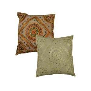  Embroidery & Mirror Work 2 Piece Cotton Cushion Cover Set 