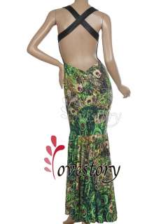 Charming Peacock Printing Open Back V Neck Sequins Formal Gowns 09398 