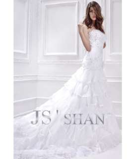 Jsshan Tulle Beaded Layered Strapless Train Bridal Gown Wedding Dress 